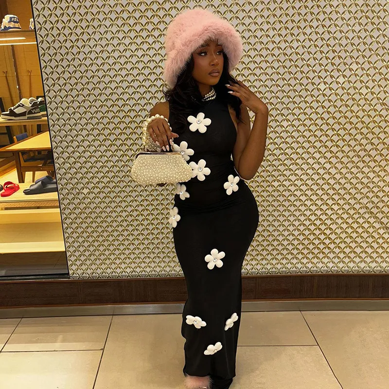 Midnight Blossom Bodycon Maxi Dress